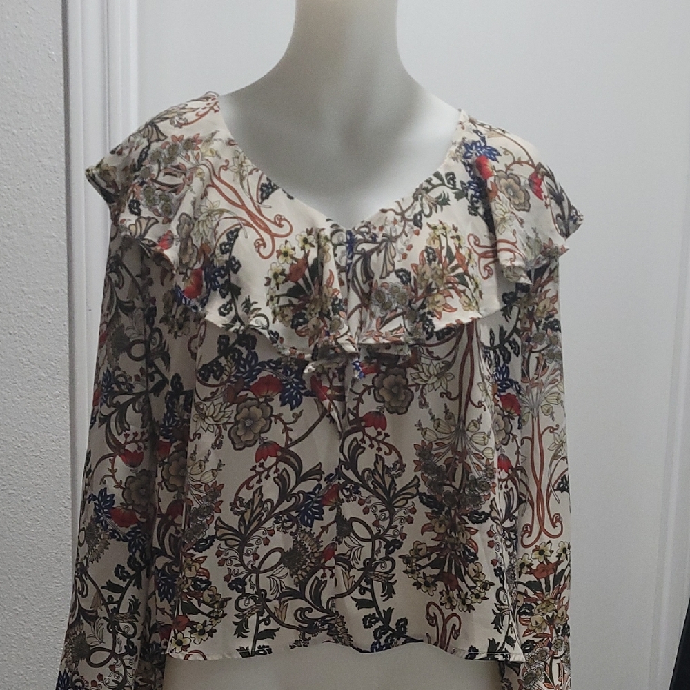 W5 Cream Floral Ruffle-Trim Blouse with Multicolor Print
